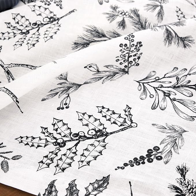 Solino Home 100% Pure Linen Christmas Table Runner 90 Inch Long - Black/White Table Runner 14 x 90 Inch - Handcrafted and Machine Washable - Winter Forest Print