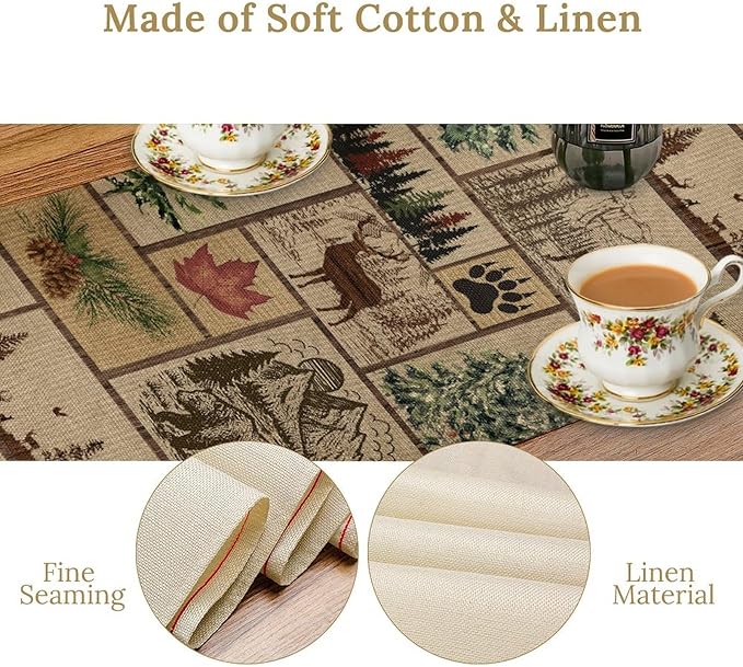 Rustic Cabin Table Runner, Farmhouse Deer Bear Retro Pine Forest Wooden Plank Wild Animal Seasonal Coffee Table Center Decor for Home Kitchen Dining Holiday Party Table Decorations 13x108 inches