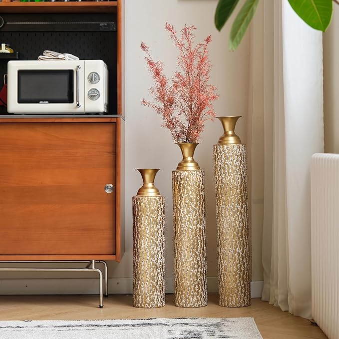 Floor Oversized Gold Metal Decorative Vase with 3D Triangle Pattern Set of 3 Large Vases for Home Living Room 33.5 ", 29.5 ", 25.2" High (Matte Gold)