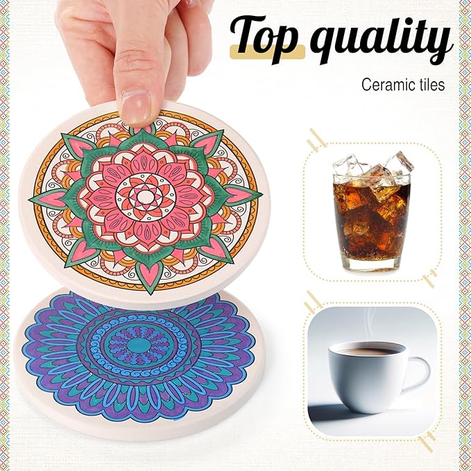 10 Pcs Ceramic Coasters for Drinks Color Your Own Coaster Set DIY Absorbent Cup Mat with 12 Markers and Cork Base Gift Arts and Crafts for Coffee Table Apartment Bar Home Decoration (Mandala)