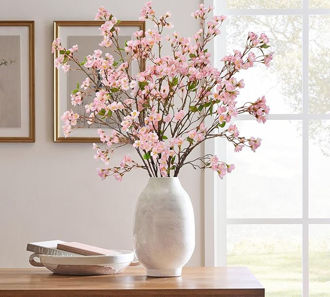 DILATATA Artificial Cherry Blossom Flowers 5 Pcs Silk Cherry Blossom Stems 37.4 Inch Long Stems Faux Silk Peach Flowers for Tall Vase Spring Decor Wedding Party Home Table Arrangement - Pink
