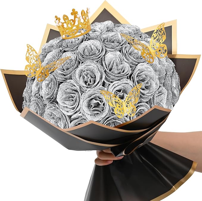Waipfaru Glitter Roses Bouquet, DIY Fake Flowers Bouquet, Birthday Gifts for Women Mom, 36 Pcs Silver Rose for Grandma Wife Girlfriend Valentines, Mothers Day, Anniversary, Graduation
