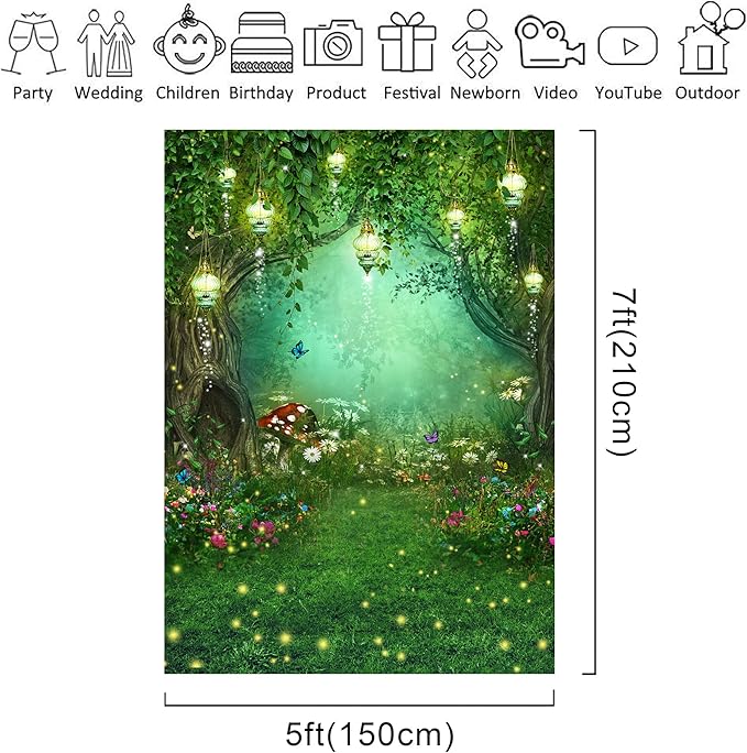 Riyidecor Fairy Wonderland Garden Backdrop Green Princess Birthday 5Wx7H Feet Enchanted Green Backdrop for Baby Shower Birthday Party Photo Studio Shoot Reusable Fabric