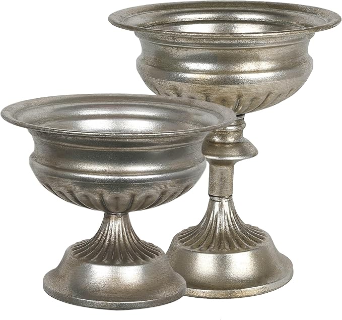 WORTH Silver Color Urn Vases for Centerpieces Set of 2 (Large:8.8" H. x 7.8" Dia. & Small:6.1" H. x 7.8" Dia.), Classic Metal Trumpet Flower Pots for Table, Bowl Vase for Wedding Party Event Home Deco