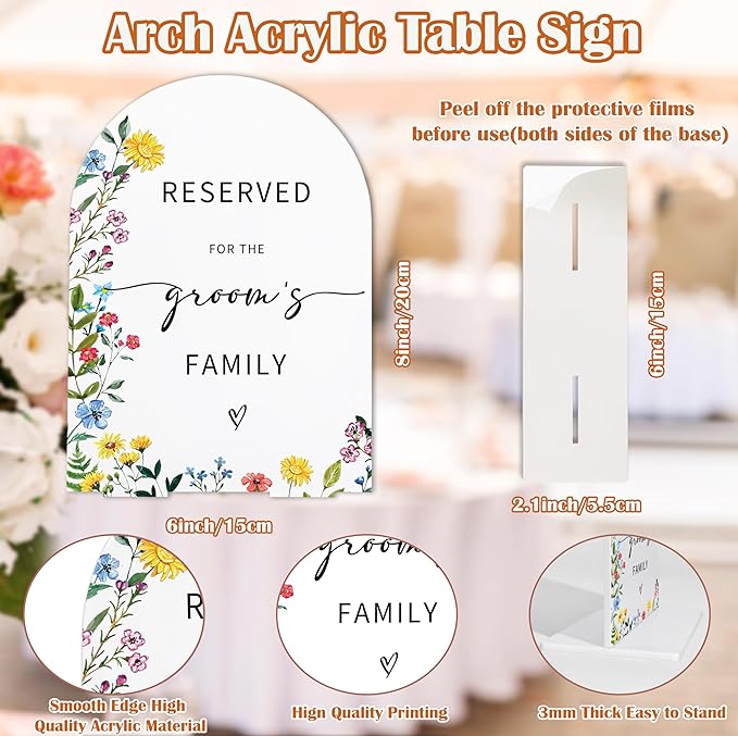Acrylic Wedding Signs Reserved Table Sign for Reception, Reserved for The Groom's Family, 6x8" Floral Themed Arch Acrylic Table Decor, Love Is In Bloom Decorations for Bridal Shower Engagement