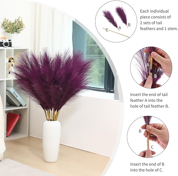 9 Stems Purple Pampas Grass - 38 Inch Tall Faux Pompous Grass Decor, Big Artificial Pompas Floral for Vase Filler, Wedding, Party and Home Decor (Purple)