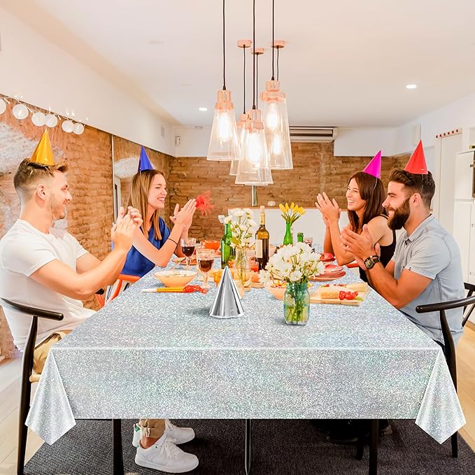 2 pcs Silver Holographic Tablecloths Shiny Disco Laser Table Cloths 40" x 108" Iridescence Plastic White Table Cover for Birthday Party Decoration Wedding Christmas Winter Grad Party Supplies