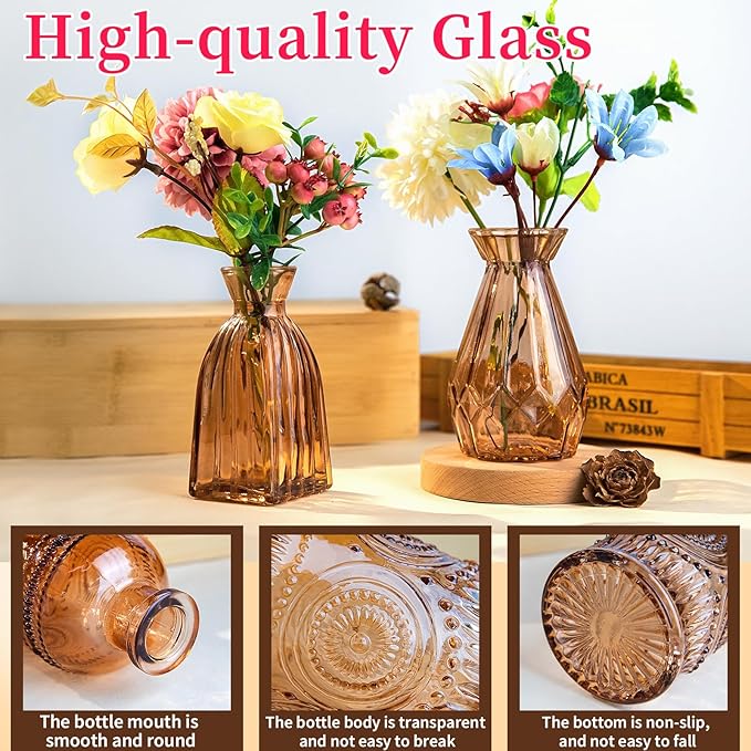 Gold Amber Glass Bud Vase Set of 12, Small Vintage Flower Bottle Petite Glass Flower Vase for Floral Arrangements, Decorative Centerpiece,Table Decor,Home Wedding Party
