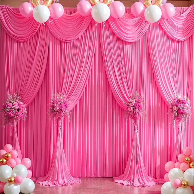 Hot Pink Backdrop Curtain 6 Panels-Wrinkle-Free Polyester Photography Drapes for Wedding Party Photo Background Decorations- 24 X10FT (Hot Pink)