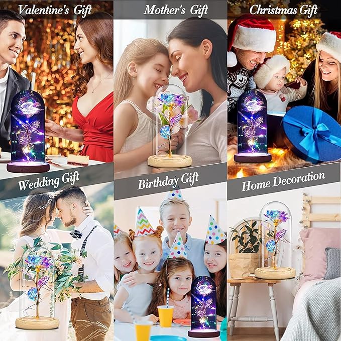 QUNPON Womens Gifts for Christmas Flowers Gifts Women,Mom Grandma Sister for Girlfriend Her Wife Friends,Birthday Gifts for Women,Rainbow Galaxy Glass Rose Gifts for Christmas,Valentines Day