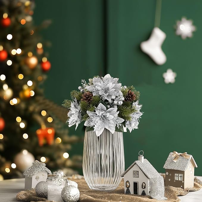 BLOSMON Poinsettias Artificial Christmas Flowers: 2 Pcs Silver Glitter Fake Christmas Floral Ball Centerpieces for Tables Decoration Silk Faux Poinsettia Holiday Flower Arrangement Xmas Plants Decor