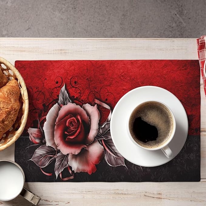 Rose Linen Table Placemats Set of 6 Vintage Flowers Place Mats for Home Party Kitchen Indoor Holiday Rustic Washable Heat Resistant Table Mats 12 x 18 Inch