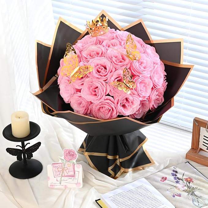 Waipfaru 36 Pcs Glitter Roses Bouquet, DIY Fake Flowers Bouquet, Artificial Pink Rose Bouquet for Valentines, Mothers Day Gifts, Anniversary, Engagement, Wedding