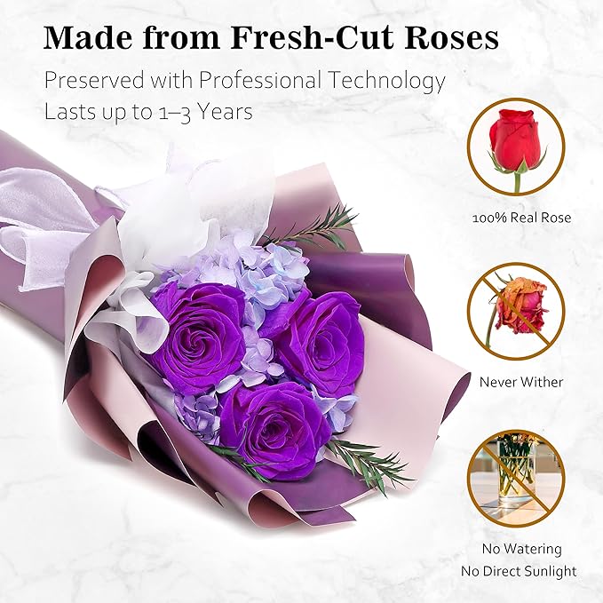 Flower bouquet for Her, Flowers for Delivery Prime, Preserved Flowers Gifts for Women, Valentines Flowers, Mom Presents from Daughter Son, Birthday Gifts, Real Roses,Purple Roses