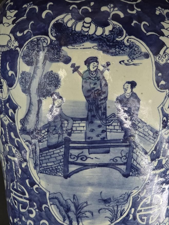 19" Antique Like Finish Blue and White Ginger Jars Porcelain Temple Ceramic Ginger Jar Vase, Antient Warriors China Ming Style, Jingdezhen(L4)