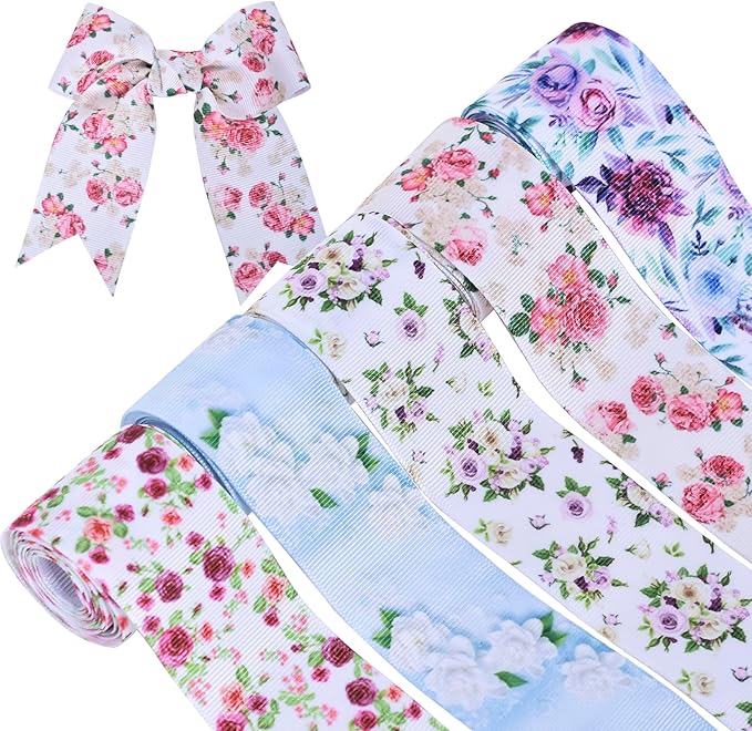Floral Grosgrain Ribbon, 5 Rolls Flower Pattern Ribbon Spring Summer Fabric Decorative Craft Ribbon Roll for Gift Wrapping Decor Hair Bow Sewing Wreath Crafts (Mixed Color, 3/8 inch X 20Yards)