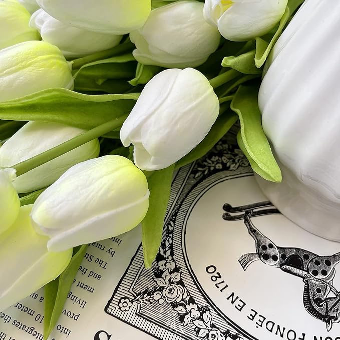 UKELER 24 Pcs Tulip Artificial Flowers White&Green Real Touch PU Tulip Flowers for Floral Arrangement Centerpiece Wedding Bouquet Table Decoration Birthday Mother Gift