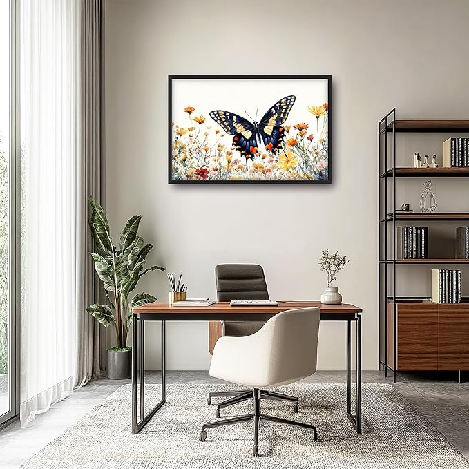 Framed Large Pictures Wall Art for Living Room, Butterfly Oversized Wall Decor Colorful Butterfly Floral Canvas Print Painting Modern Extra Large Framed Artwork for Bedroom Office 36"x24"