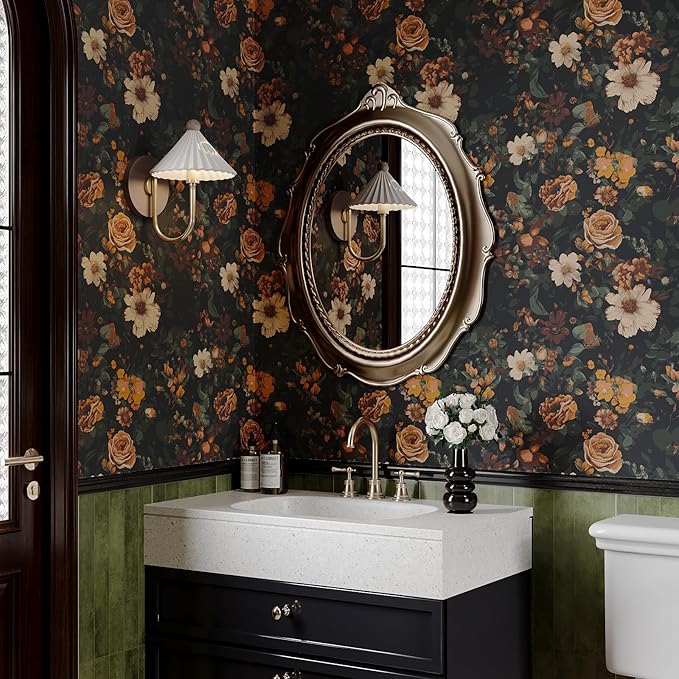 VEELIKE Vintage Floral Wallpaper Prepasted Moody Dark Floral Peel and Stick Wallpaper for Bedroom Powder Room 17.7''x354'' Removable Renter Friendly Wall Paper Flower Contact Paper for Cabinets Walls