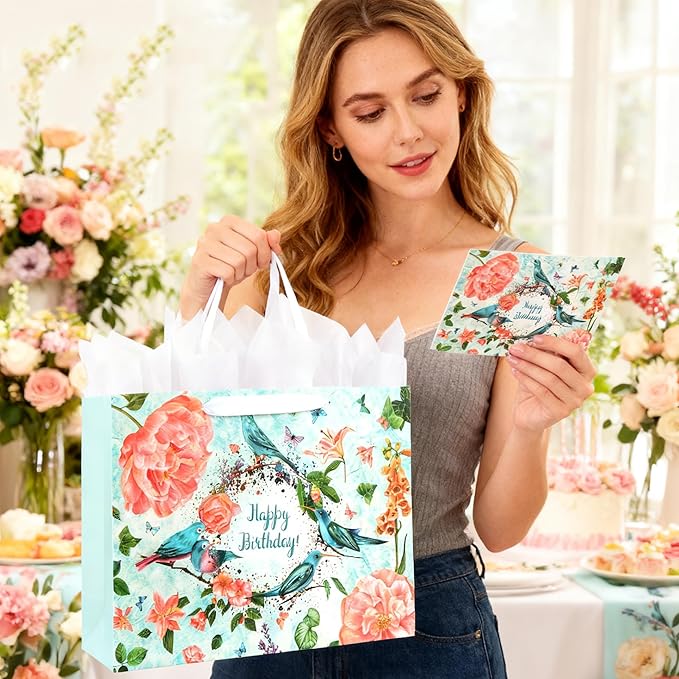 ASYEHJNR 13" Large Size Happy Birthday Gift Bag Teal Happy Birthday Sign with Birds Butterflies Floral Flower Pattern Retro Gift Bag with Greeting Card and Tissue Paper and Handle Ribbon for Girls Women Bday