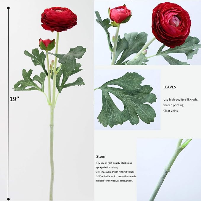 Artificial Ranunculus Flowers with Real Touch Stem, Silk Ranunculus Flowers(10 Pack) (Red)