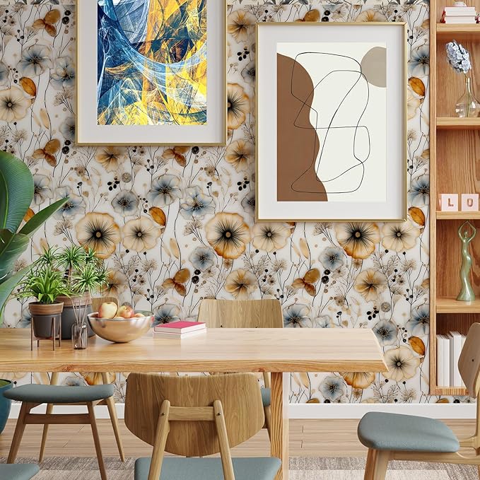 Watercolor Floral Peel and Stick Wallpaper Amber and Blue Leaf Gold Self Adhesive Removable Floral Wall Paper Renter Friendly Contact Paper for Bedroom Bathroom Walls Shelf Liner 17.71"X118.1"