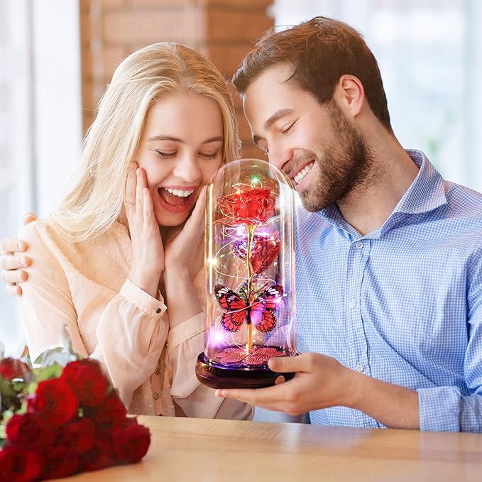 Christmas Rose Gifts for Women, Gift for Birthday Rechargeable Galaxy Glass Rose Light Up Roses In Glass Dome Forever Crystal Flowers Butterfly Xmas Gifts for Women Mom Grandma Sister Her Wife Red