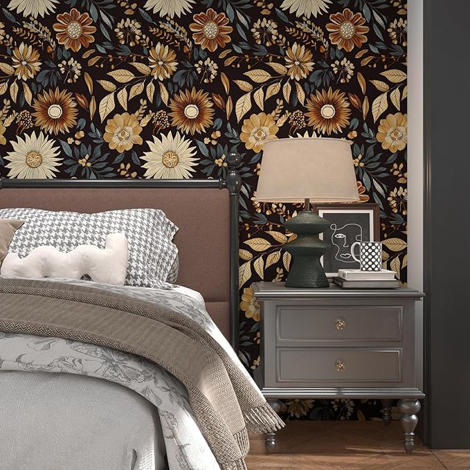 Boho Floral Wallpaper Peel and Stick, Vintage Dark Sunflower Contact Paper for Bathroom Cubicle Drawer, Retro Abstract Removable Antique Flower Wall Paper Art Decor Black Orange 17.5" x 118"