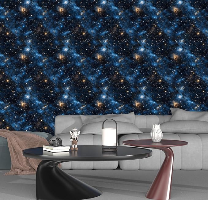 Blue Starry Peel and Stick Removable Black Sky Contact Paper 17.5" x 118", Gold Star Modern Wallpaper Mural Waterproof Self Adhesive for Wall Bedroom Bathroom Kitchen Cabinet Room Decor