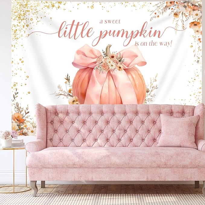 Sweet Little Pumpkin Baby Shower Backdrop for Girls Floral Pink Bowknot Golden Glitter Fall Photography Background Newborn Baby Shower Party Decoration Supplies Banner Photo Booth Props 7x5ft