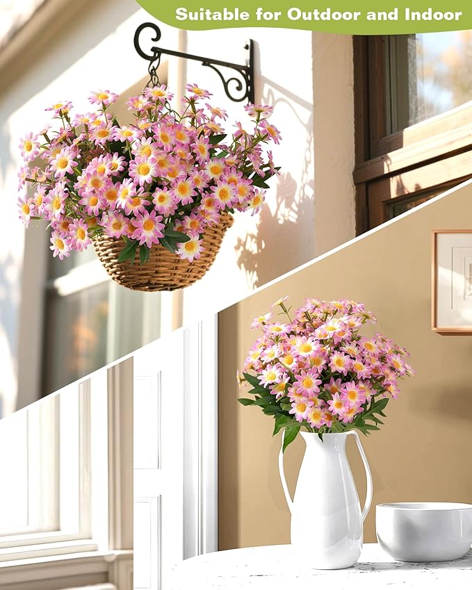 Daisy Flowers Artificial (144 Blooms), 12 Bundles Fake Wildflowers for Outdoor Planters, Faux Plants with Silk Daisies for Front Porch Garden Patio Home Aesthetic (Pink and White Gradient)