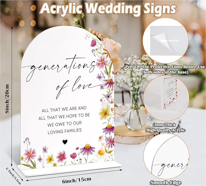Generations of Love Sign for Wedding Memorial Table, Wild Flower Arch Acrylic Wedding Signs for Reception, Love Is In Bloom Bridal Shower Floral Engagement Party Decorations, 6x8 Inch