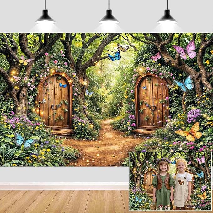 12X10ft Enchanted Forest Backdrop Fairy Tale Green Enchanted Garden Wonderland Floral Butterfly Photography Background for Kids Girl Baby Shower Birthday Party Decoration Banner Booth Props