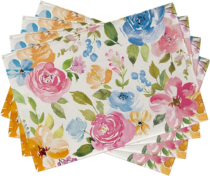 Seliem Spring Summer Floral Flower Placemats Set of 4, Watercolor Peony Leaves Dining Table Place Mats, Seasonal Kitchen Decor Home Decoration 12 x 18 Inch