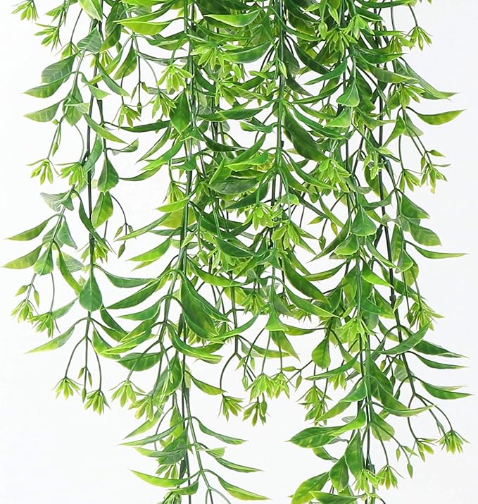 PASYOU Artificial Hanging Plant for Outdoor Decor, Fake Vine Faux Plants Plastic Ivy Leaves Foliage UV Resistant Greenery Flowers Home Garden Indoor Door Wall Wedding Party Decoration - Green 4 Pack