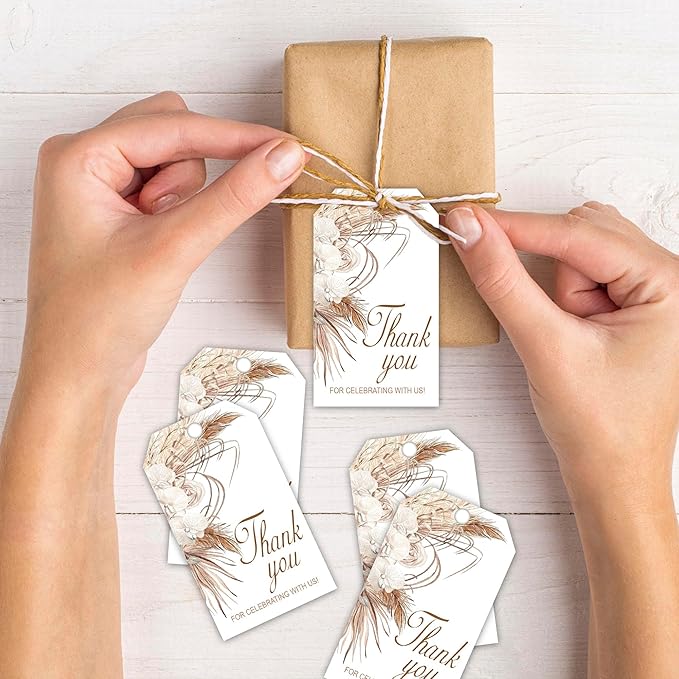 Thank You for Celebrating with Us Tag, 50 Pcs Boho Thank You Paper Lables, 2x3 Inch Gift Tags with String for Wedding Birthday Baby Shower Bridal Shower, Party Decoration-A05