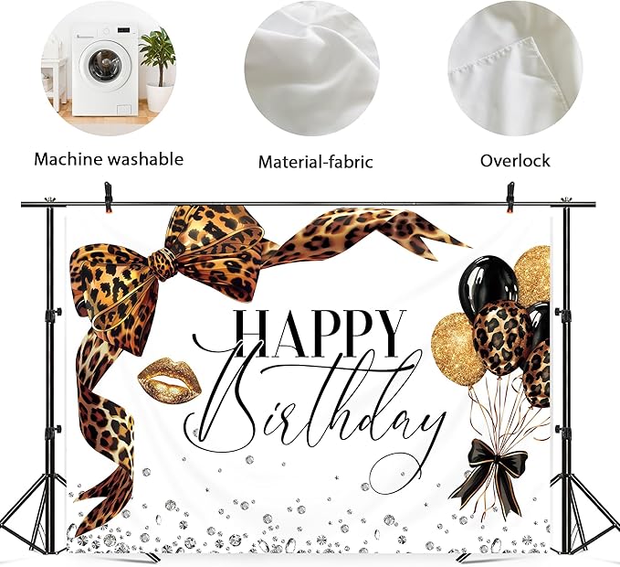 Leopard Print Bow Happy Birthday Backdrop 7Wx5H Photography Coquette Brown White Gold Bowknot Balloons Diamond Bownot Background Girly Party Decorations Banner Photo Booth Props Supplies