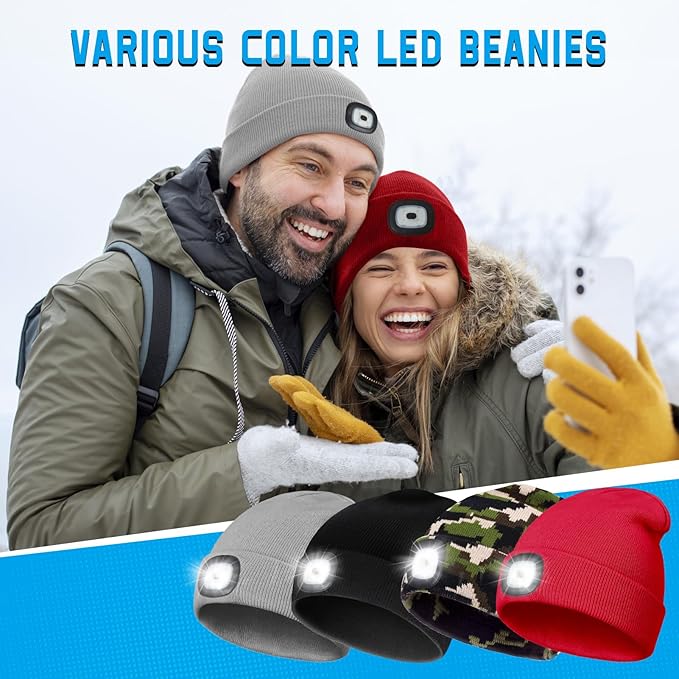 Christmas Stocking Stuffers for Men Adults, Beanie Hats with Light, USB Rechargeable LED Hand Free Headlamp, Birthday Gifts for Men, Women, and Teens, Ideal for Camping, Hiking, 2 Pack, Grey