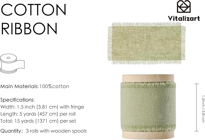 Vitalizart Sage Green Ribbon 1-1/2" x 15 Yd 100% Cotton Handmade Frayed Fringe Fabric Ribbons for Gift Wrapping Wedding Invites Bridal Shower Bouquets Christmas Decorations