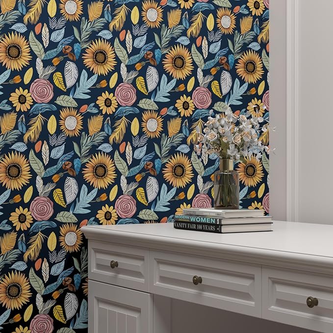 Blue Wallpaper Peel and Stick,Vintage Boho Floral Contact Paper, 17.5" x 393.7" Retro Paisley Flower Botanical Wall Paper Self Adhesive Removable Waterproof for Bathroom Shelves Cabinet Table Decor