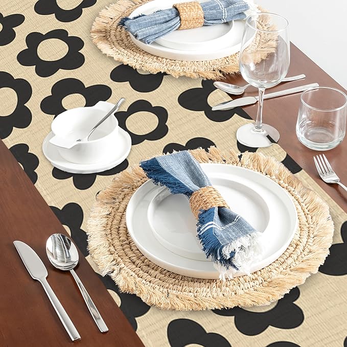 Abstract Black Flower Table Runners 70 inches Long Table Runner Elegant Linen Dresser Scarfs Farmhouse Tablerunner for Wedding/Coffee/Dining Table/Party Home Decor