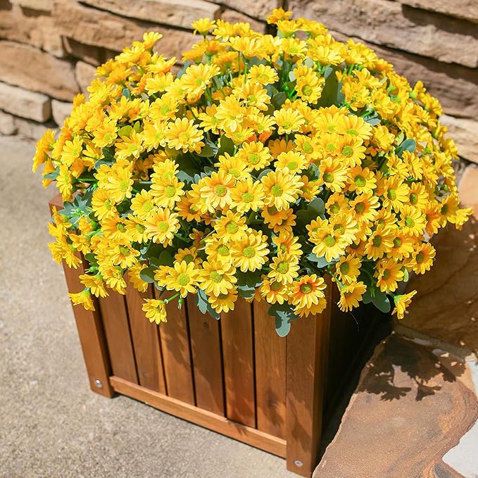 Daisy Artificial Flowers for Outdoors Fall Autumn Decoration, 6 Bundles Fake Mums Yellow Silk Flowers for Outside Look Real UV Resistant Faux Flowers Plants for Planter Front Door Home Indoor Porch