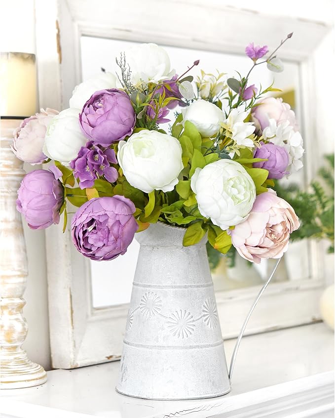 FiveSeasonStuff Artificial Peonies Bouquet – Set of 2 Whimsical Lavender Bliss Silk Flowers, Purple and White Blooms, Multiple Stems per Main Stem, for Weddings, Home Decor, DIY Floral Arrangements