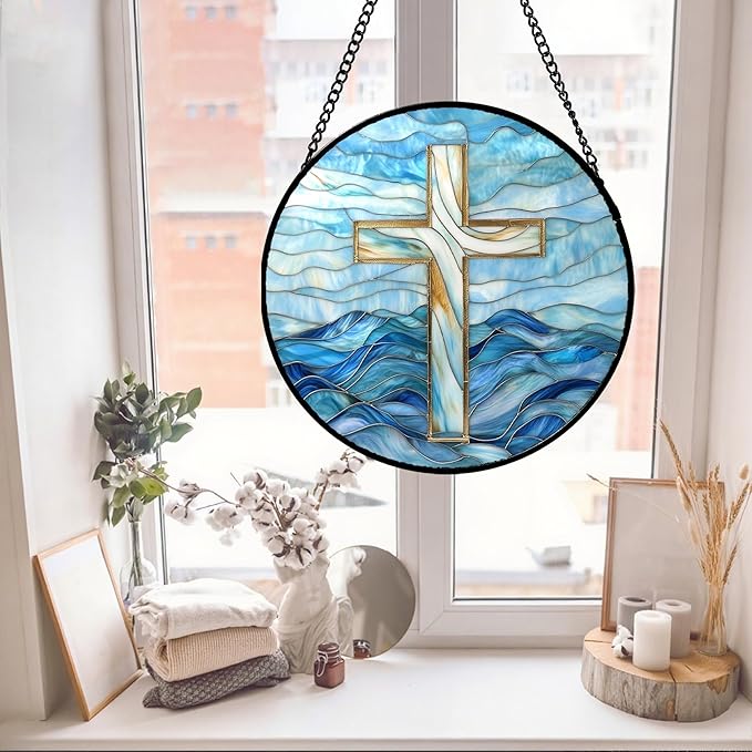 Christian Gifts for Women - Blue Cross Stained Glass Window Hanging Jesus Easter Ocean Waves Sun Catcher Garden Religion Decor Mother's Day Catholic Gift for Men Grandma Mom Her Nana 9.8"