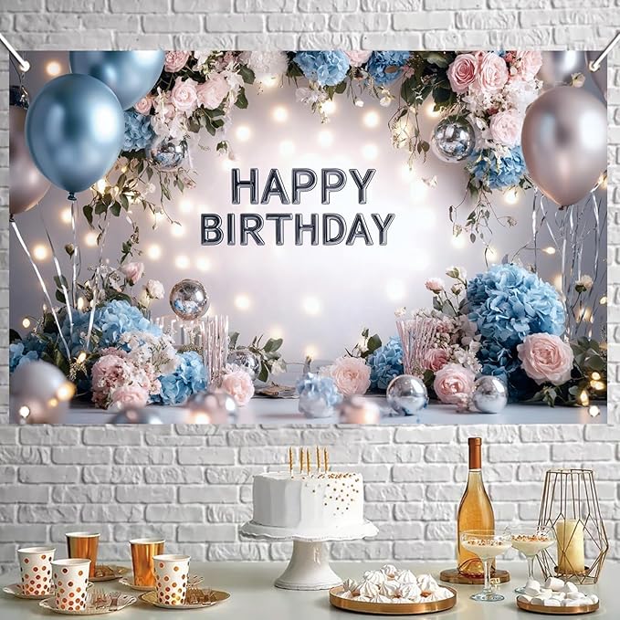 Blue Pink Happy Birthday Backdrop Banner Floral Balloon Photography Background Elegant Birthday Decorations Party Supplies Photo Booth Props 71x43 Inch