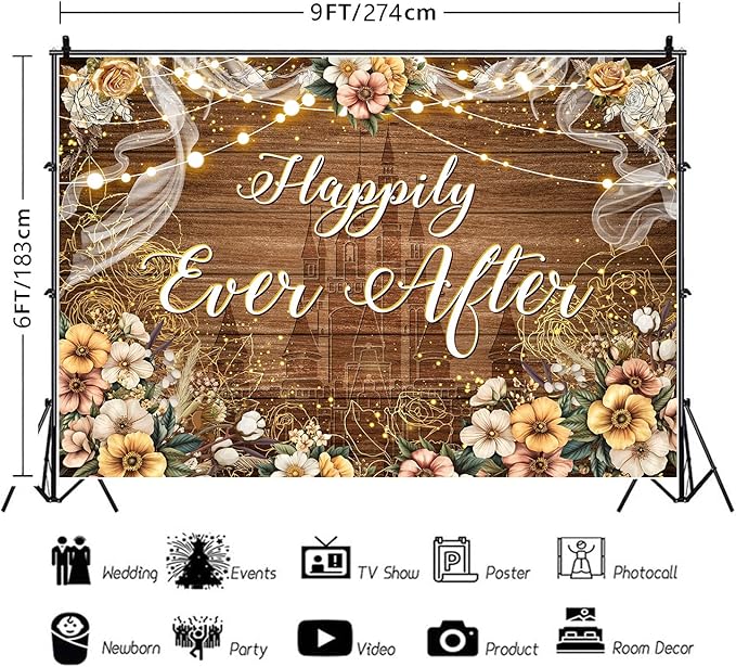 Happily Ever After Backdrop Bridal Shower Wedding Party Brown Wood Photography Background Boho Floral Golden Rose Dots Wedding Decor Banner Portrait Photo Booth Studio Props 9x6ft FU072YL
