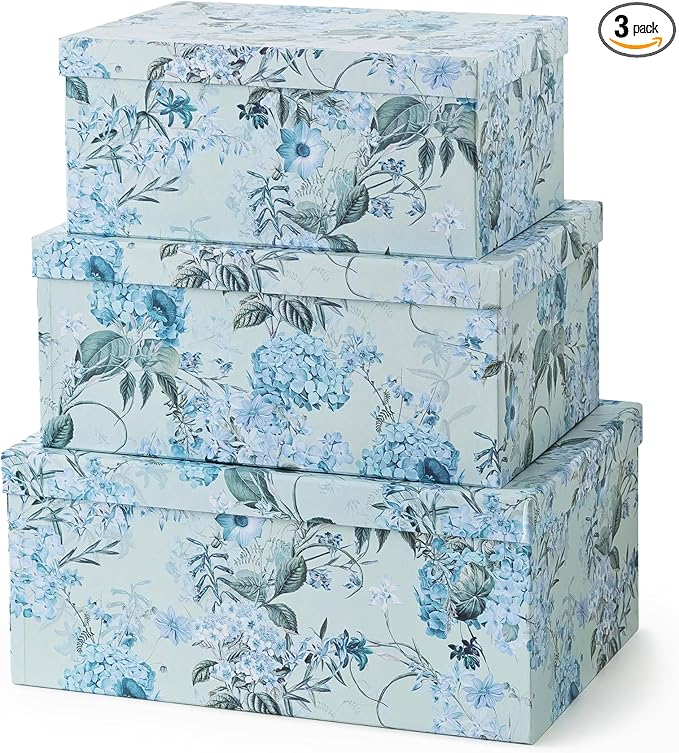 Soul & Lane Decorative Cardboard Storage Boxes with Lids for Home Decor and Organization, Set of 3 Large Keepsake Boxes for Memories & Gifts, Nesting Floral Photo Storage Containers, Springtime Joy