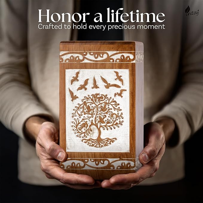 INTAJ Antique White Tree of Life Rosewood Urn for Human Ashes Adult Male Female - 250 lbs Capacity Wooden Cremation Urn Box Suitable for Burial Funeral Decorative Spiritual Memorial Casket