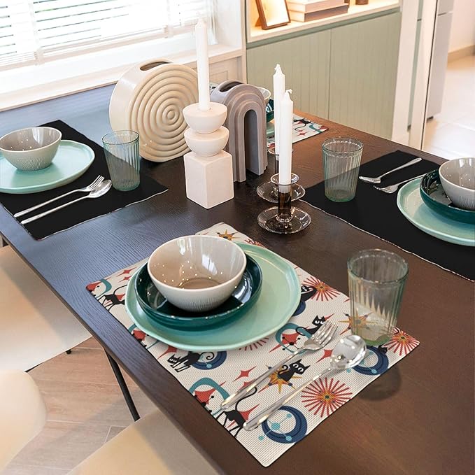Mid Century Black Cat Modern Placemats Set of 4,Kitchen Table Mats for Dining Outdoor Home Decor 12x18 Retro Place Mats 4 PCS, Style-17