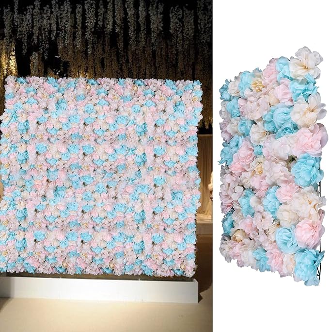 12Pcs 15.75" x 23.62x 0.79 Artificial Flower Wall Panels,Flower Wall Mat Silk Flower Panels for Outdoor Garden Backyard Fence Fence Privacy Screen and Indoor Wall Decor(12Pcs White+Pink+Light Blue)